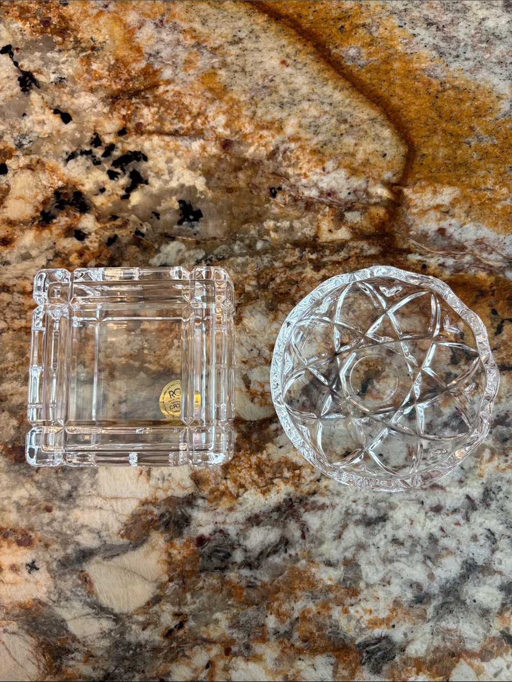Set of 2 Crystal Jewelry Dishes-Square Trinket Box and Round Ring Dish